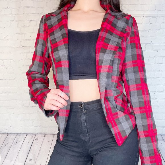 Korean K Fashion Red Black Plaid Blazer - Picture 7 of 10